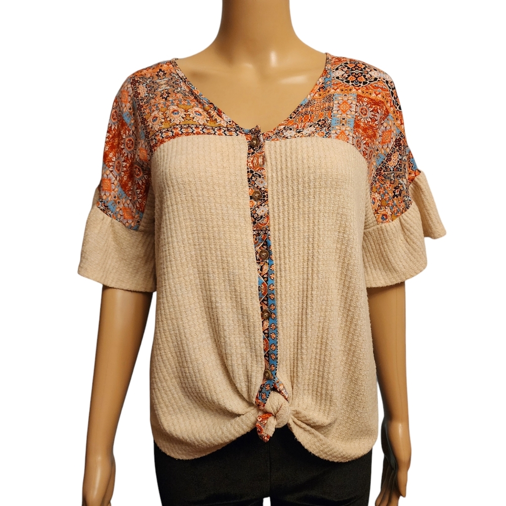 Moa Moa Ruffle Short Sleeve Knit Knotted Blouse